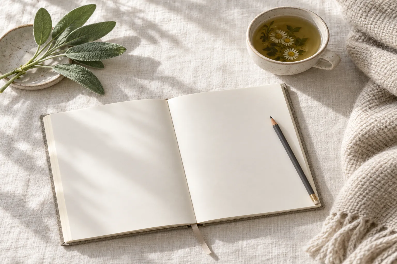 Ein aufgeschlagenes, leeres Notizbuch mit Bleistift, daneben eine Tasse Tee, ein Salbeizweig und eine Decke
