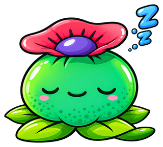 Das Maskottchen von Avalon Magic Plants, ein schlafender Kaktus mit Blüte
